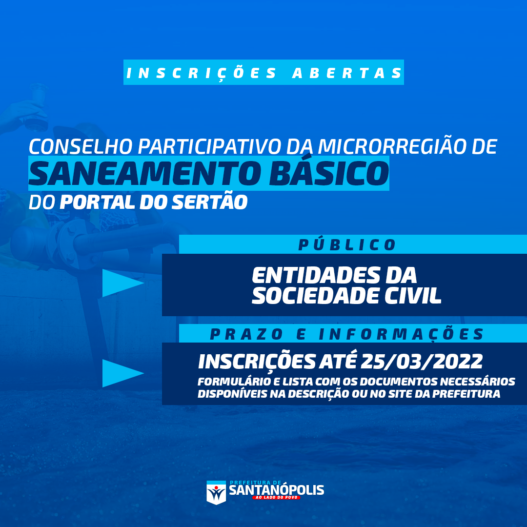 Abertas as inscrições para  o Conselho Participativo da Microrregião de Saneamento Básico do Portal do Sertão
