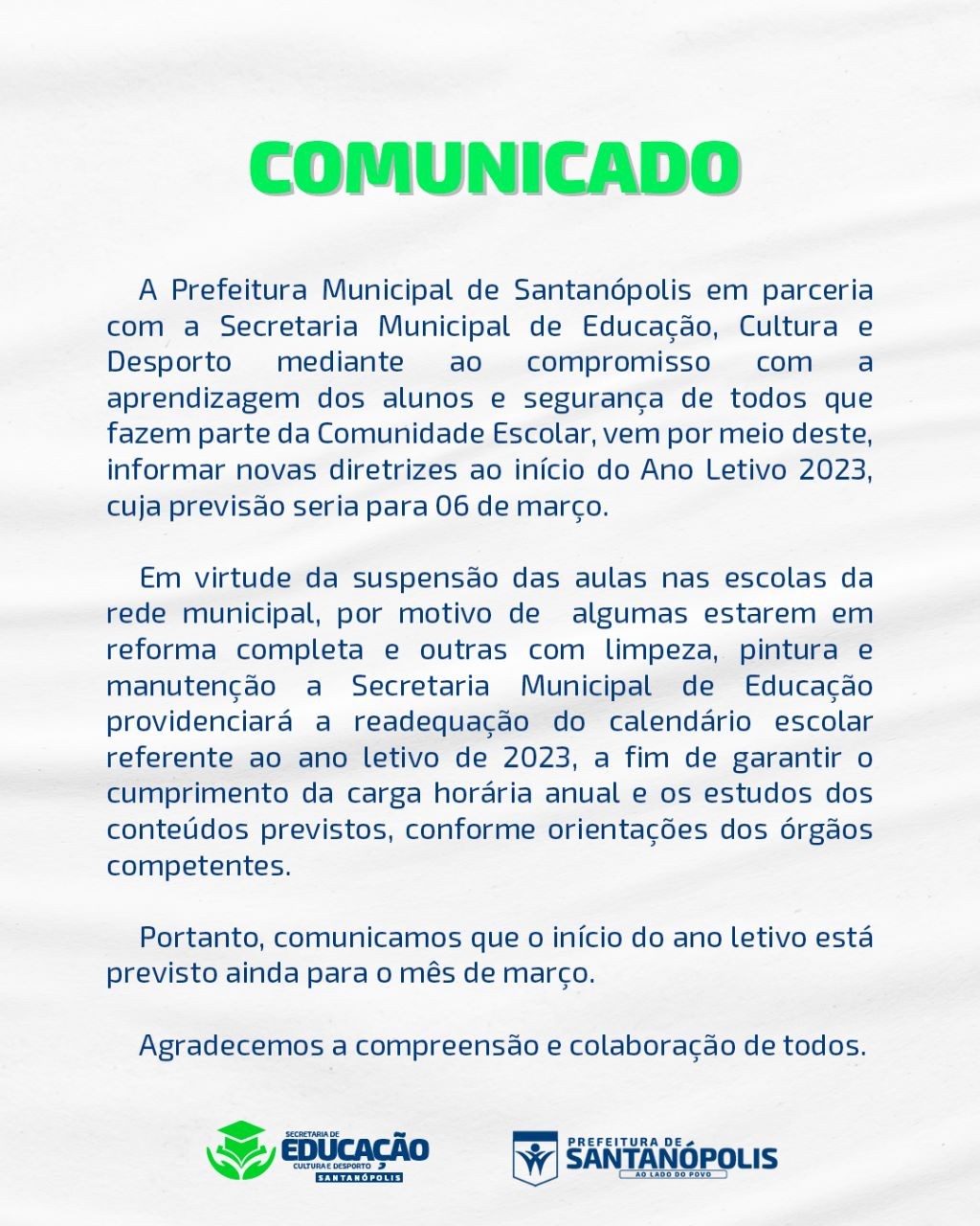 COMUNICADO: Suspensão do Ano Letivo